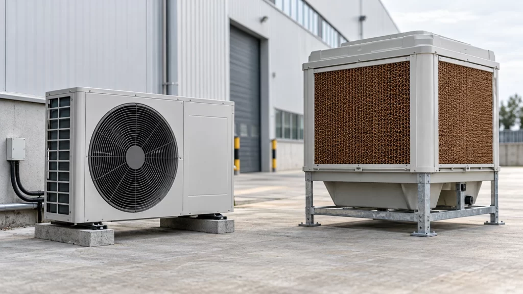 Equipos de bomba de calor y climatización evaporativa junto a la fachada de una nave industrial.